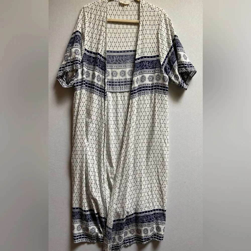 Entro Blue Geometric Print Maxi Duster Kimono Swim Cover Up Women's Sz S